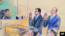 FILE - A court artist's drawing shows President Donald Trump's former campaign chairman, Paul Manafort, center standing, and Manafort's business associate, Rick Gates, in federal court in Washington, Oct. 30, 2017, before U.S. Magistrate Judge Deborah A. Robinson. 