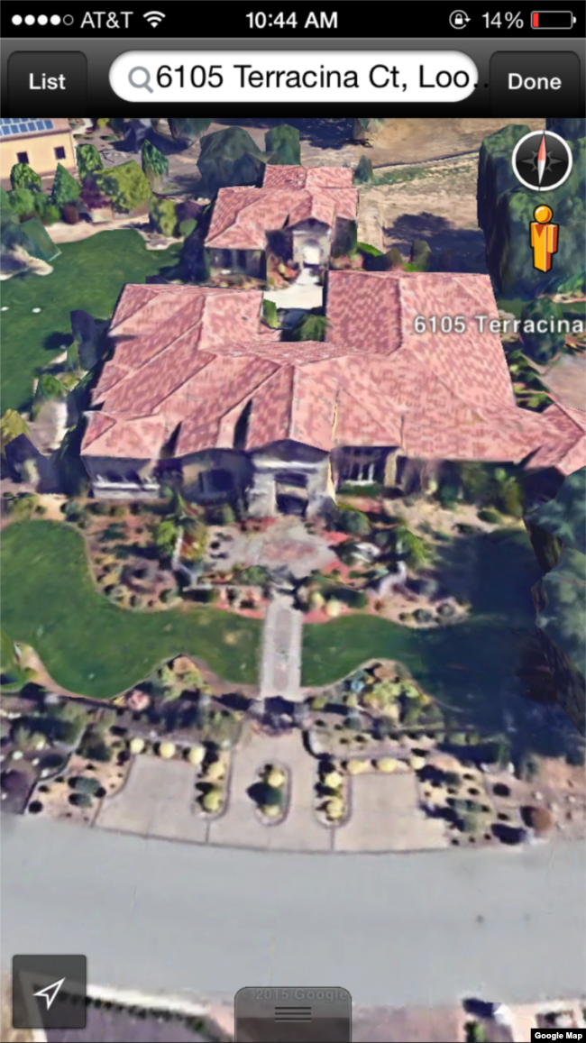 “谷歌地球”顯示的令完成在美國加州購買的豪宅。 中國財新網和美國博訊網都曾說這個門牌號碼是令完成的房子