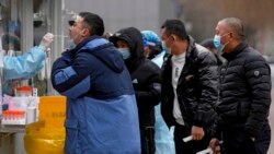 A man gets a throat swab for a COVID-19 test at a mobile coronavirus testing facility in a residential area in Beijing, Jan. 19, 2022.