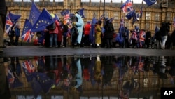 Para pengunjuk rasa anti-Brexit pendukung Uni Eropa, tampak beraksi di luar Gedung Parlemen di London, Selasa, 12 Maret 2019 (foto: AP Photo/Tim Ireland)