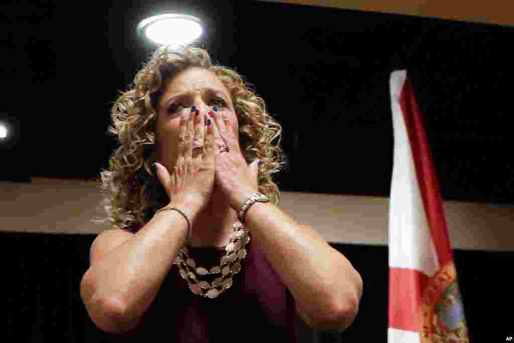 DNC Chairwoman, Debbie Wasserman Schultz, D-Fla., greeted the Florida delegation at a breakfast in Philadelphia, July 25, 2016. She quit the post amid a furor over leaked emails that show party leaders mocked and criticized the upstart campaign of Vermont Senator Bernie Sanders.