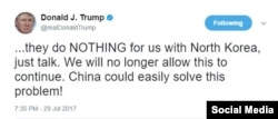 Trump tweeted his disappointment with China for failing to stop North Korea screenshot.
