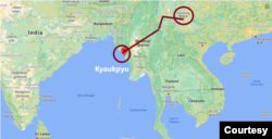 Đường ống dẫn dầu hiện hữu từ Kyaukpyu đến Côn Minh, Trung Quốc. Tuyến đường sắt từ Kyaukpyu đến Côn Minh dự kiến cũng đi song song với đường ống dẫn dầu. Ảnh: Google. Minh họa và chú thích của tác giả.