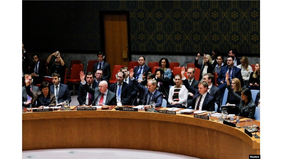 Members of the U.N. Security Council vote for cease-fire to Syrian bombing in eastern Ghouta, at U.N. headquarters in New York, Feb. 24, 2018.