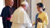 State Counsellor and Union Minister for Foreign Affairs of the Republic of the Union of Myanmar Aung San Suu Kyi (right) is welcomed by Pope Francis on the occasion of their private audience, at the Vatican, May 4, 2017.