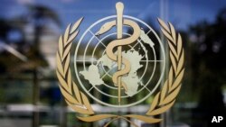 FILE - The logo of the World Health Organization is seen at WHO headquarters in Geneva, Switzerland.