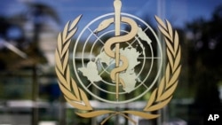 FILE - The logo of the World Health Organization is seen at the WHO headquarters in Geneva, Switzerland.