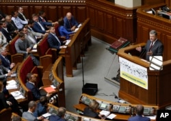 FILE - Ukrainian President Petro Poroshenko addresses parliament during the opening ceremony parliamentary session in Kiyv, Ukraine, Tuesday, Sept. 6, 2016.