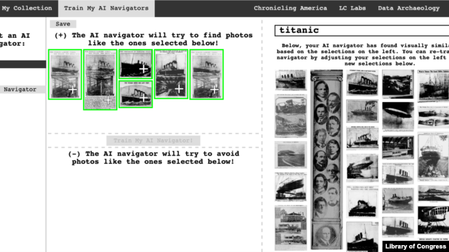 A screenshot of the new Newspaper Navigator tool shows an image search for "titanic."