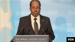 FILE - Somali President Hassan Sheikh Mohamud speaks during the U.S.-Africa Leaders Summit, in Washington, D.C., Aug. 4, 2014. (Edward Rwema/VOA)