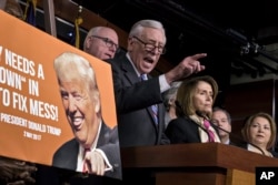 House Minority Whip Steny Hoyer, D-Md., center, joined from left by, Rep. Joseph Crowley, D-N.Y., House Minority Leader Nancy Pelosi, D-Calif., and Rep. Linda Sanchez, D-Calif., hold a news conference.