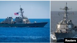 FILE - U.S. destroyer USS Benfold (L) and U.S. destroyer USS Mustin (R) are seen in this combination photo from in Pacific Ocean, June 15, 2018 and February 19, 2018 respectively. 