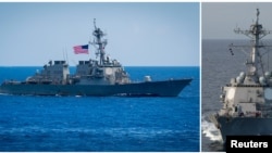 FILE - U.S. destroyer USS Benfold (L) and U.S. destroyer USS Mustin (R) are seen in this combination photo from in Pacific Ocean, June 15, 2018 and February 19, 2018 respectively. 