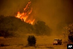 A fire engine passes flames as a wildfire burns along Santa Ana Road near Ventura, Calif., Dec. 9, 2017.