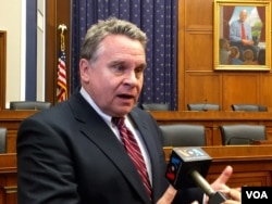 FILE - U.S. Republican Representative Chris Smith of New Jersey speaks to VOA after a U.S. Congressional-Executive Commission on China hearing in Washington, April 30, 2015. (M. Lipin/VOA)