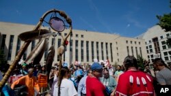 Native Americans gather during a rally outside U.S. District Court in Washington D.C. on Aug. 24, 2016, in solidarity with the Standing Rock Sioux tribe in the lawsuit against the Army Corps of Engineers.