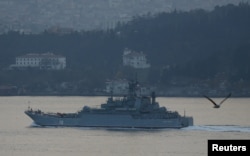 The Russian Navy's large landing ship Caesar Kunikov sets sail in the Bosphorus towards the Black Sea, in Istanbul, Turkey, Nov. 25, 2015.