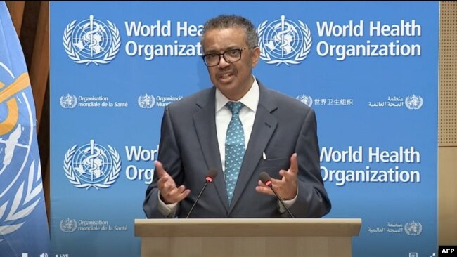 世界卫生组织总干事谭德塞在开幕式上致辞（2020年5月18日）。
