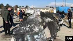 Puing-puing pesawat Boeing 737-800 Ukraina yang ditembak jatuh di Teheran, Iran, 10 Januari 2020.