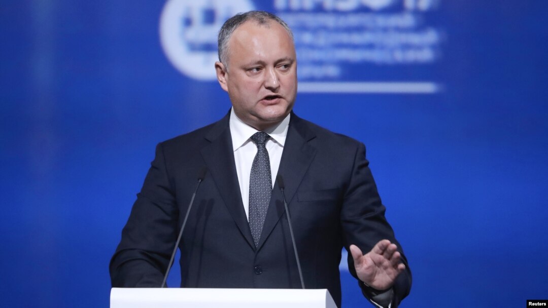 Moldovan President Igor Dodon delivers a speech during a session of the St. Petersburg International Economic Forum (SPIEF), Russia, June 2, 2017.