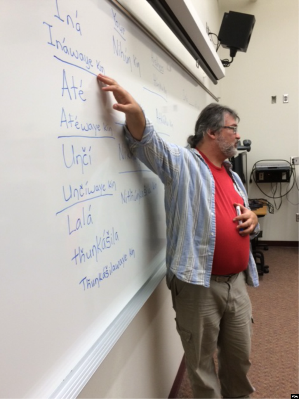 Michael Moore mengajar bahasa Lakota di Sitting Bull College, Fort Yates, North Dakota (1/12). (Aru Pande/VOA)