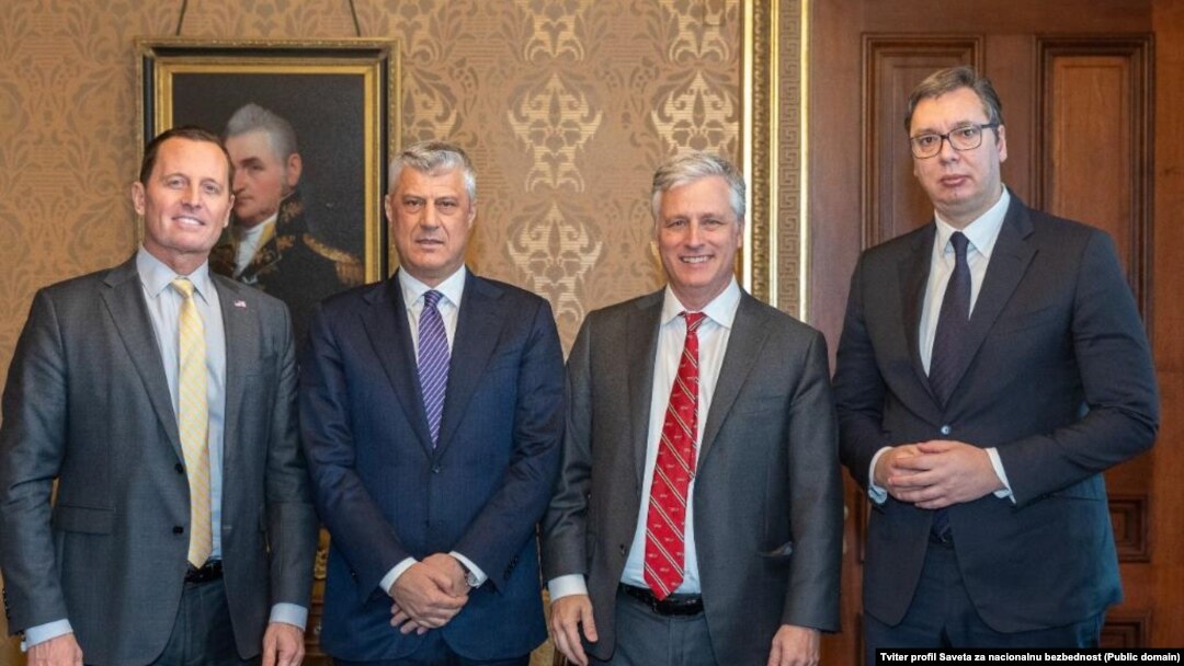 Ričard Grenel, Hašim Tači, Robert O'Brajen i Aleksandar Vučić tokom susreta u Beloj kući (Foto: Savet za nacionalnu bezbednost)