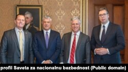 Ričard Grenel, Hašim Tači, Robert O'Brajen i Aleksandar Vučić tokom susreta u Beloj kući (Foto: Savet za nacionalnu bezbednost)