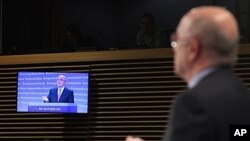 European Commissioner for Competition Joaquin Almunia addressing media, Brussels, Feb. 1, 2012.