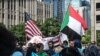 Protesters hold American and Sudanese flags at a rally in support of the Sudan's revolution, in Chicago, Illinois, June 29, 2019. (J. Patinkin/VOA)