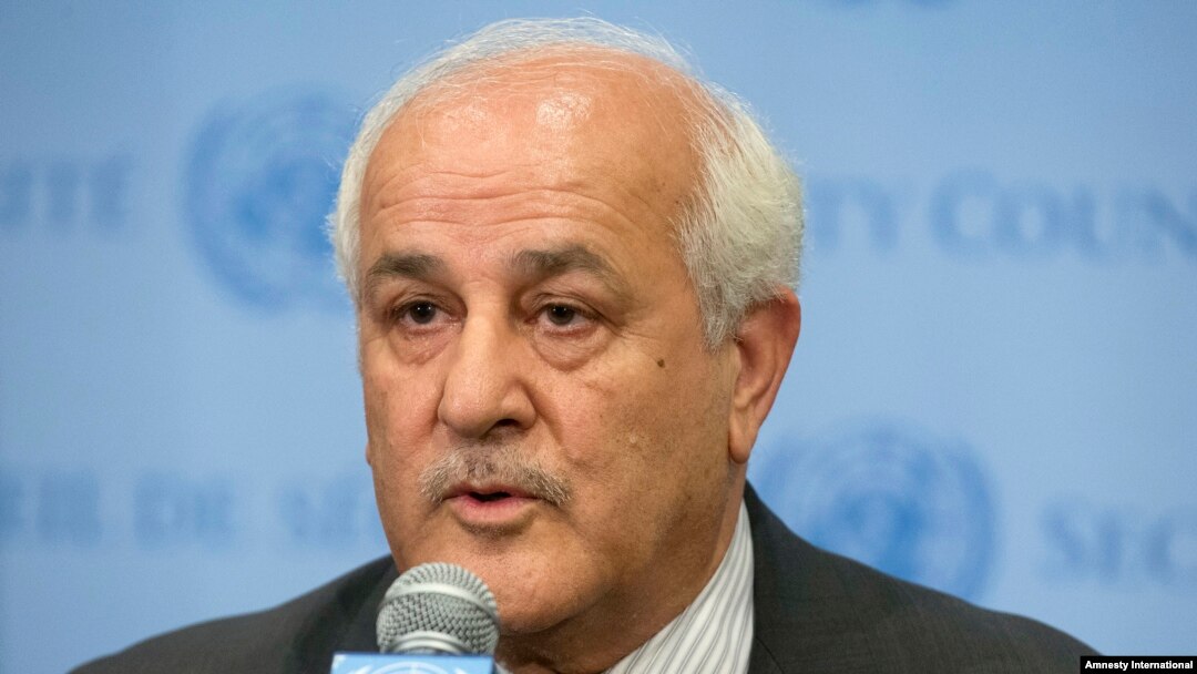 FILE - Palestinian U.N. Ambassador Riyad Mansour speaks following a meeting of the U.N. Security Council on the worsening situation in Gaza at United Nations headquarters, July 28, 2014. 