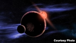 This artist’s conception shows a habitable planet with two moons orbiting a red dwarf star. (CfA)