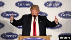 U.S. President-Elect Donald Trump speaks at an event at Carrier HVAC plant in Indianapolis, Indiana, Dec. 1, 2016.