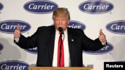 U.S. President-Elect Donald Trump speaks at an event at Carrier HVAC plant in Indianapolis, Indiana, Dec. 1, 2016.