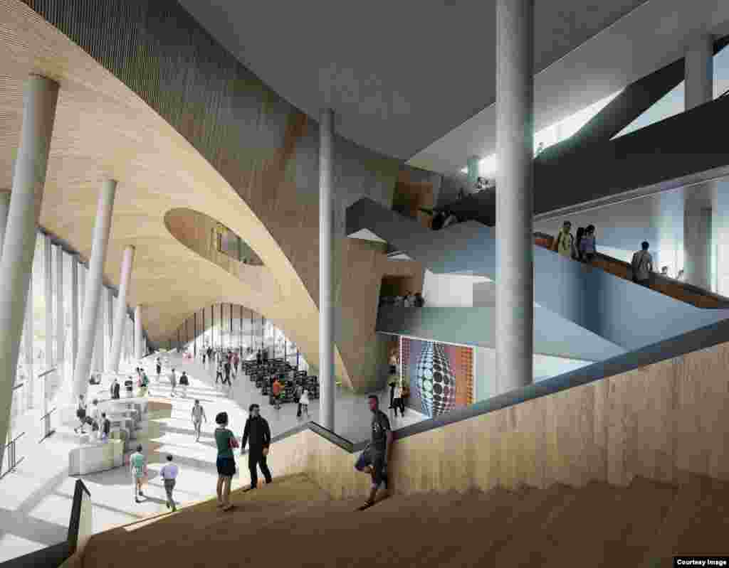 A reading nook pulled off to the side from a stair hidden inside the dome will provides a moment of tranquility for students at the main Temple University Library at Philadelphia, PA. (Credit: Snøhetta/Stantec Architects)