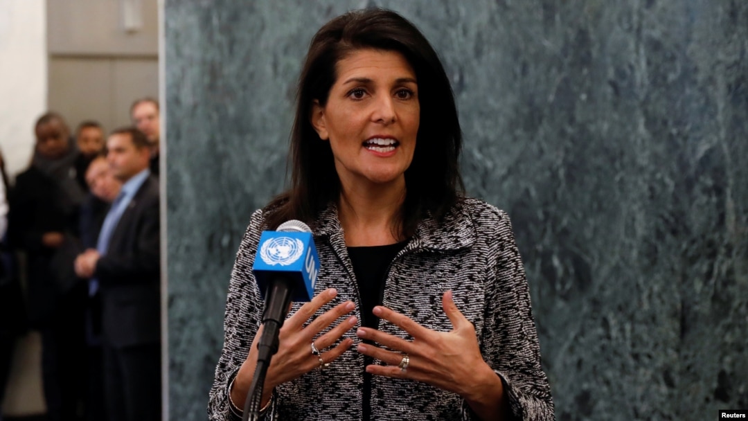 Đại sứ Hoa Kỳ Nikki Haley tại trụ sở Liên Hiệp Quốc ở thành phố New York, 27/1/2017.
