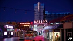 An outdoor mall at Bally's Las Vegas is empty of people along the Las Vegas Strip, during the coronavirus pandemic April 14, 2020, in Las Vegas.