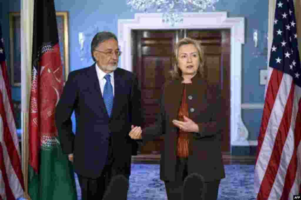 Secretary of State Hillary Rodham Clinton meets with Afghan Foreign Minister Zalmay Rassoul at the State Department in Washington, Wednesday, Nov. 17, 2010. (AP Photo/Kevin Wolf)