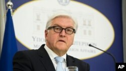 German Foreign Minister Frank-Walter Steinmeier speaks during a joint press conference with his Greek counterpart Nikos Kotzias after their meeting in Athens, Oct. 29, 2015.