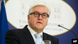 FILE - German Foreign Minister Frank-Walter Steinmeier speaks at a news conference in Athens, Oct. 29, 2015. He says a new arms control pact with Russia would offer a "proven means for transparency, risk avoidance and trust building." 