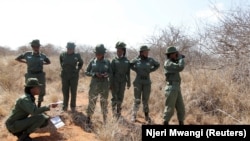 Anggota Team Lioness, sebuah unit penjaga hutan Kenya yang semuanya perempuan, mengambil koordinat GPS untuk pemetaan selama patroli saat mereka tinggal di kamp Risa karena wabah Covid-19, di dalam konservasi Olgulului di Amboseli, Kenya, 7 Agustus 2020. 