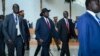 FILE - South Sudan's President Salva Kiir, center, arrives for an African Union summit in Addis Ababa, Ethiopia, Feb. 9, 2020. Speaking Feb. 14 in Juba, Kiir accused summit envoys of trying to prolong South Sudan's dispute over its number of states.