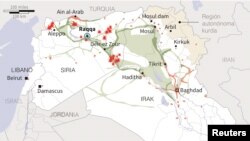 Peta serangan udara AS dan sekutu-sekutunya di Arab, atas wilayah Suraih yang dikuasai ISIS (Foto: dok).