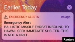 A screen capture from a Twitter account shows a missile warning for Hawaii, Jan. 13, 2018, in this picture obtained from social media.