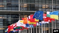 资料照：位于法国斯特拉斯堡的欧洲议会总部大厦前飘扬的欧盟成员国旗帜。（2024年2月6日）