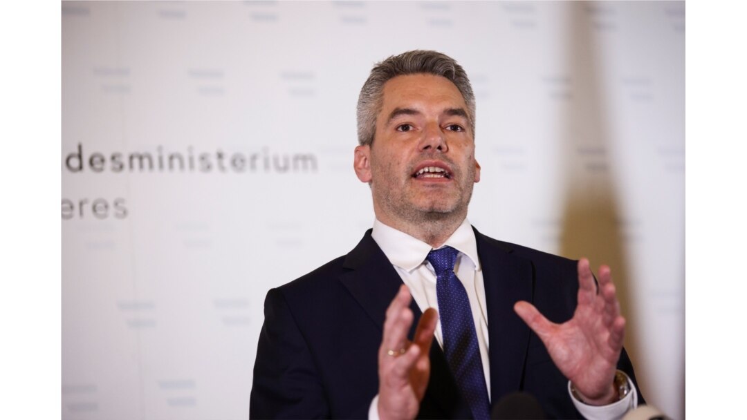 Austria's Interior Minister Karl Nehammer speaks during a news conference at the Interior Ministry after a terrorist attack in Vienna, Nov. 3, 2020.