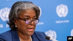 Linda Thomas-Greenfield em conferência de imprensa na sede das Nações Unidas, 18 de Maio de 2021
