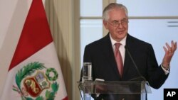 U.S. Secretary of State Rex Tillerson, speaks during a press conference at the Foreign Ministry in Lima, Peru, Feb. 5, 2018.