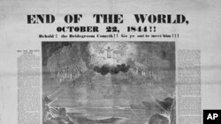 FILE - A document by the Adventist Digital Library from October 16, 1844, in the Boston area, shows a headline reading, "End of the World, October 22, 1844!!" Many of William Miller’s followers sold their possessions and headed for high land to hasten their reunion with God. 