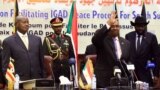 Sudan's President Omar Al-Bashir flanked by Uganda's President Yoweri Museveni and South Sudan's President Salva Kiir welcomes delegates during a South Sudan peace meeting as part of talks to negotiate an end to a civil war, in Khartoum, Sudan, June 25, 2018.