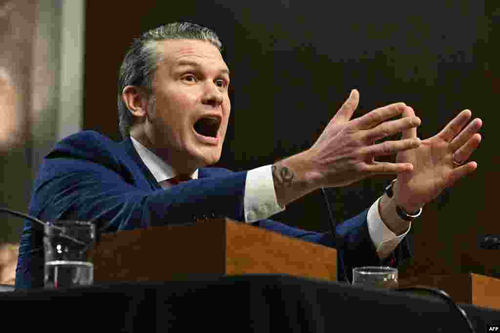 Pete Hegseth, U.S. President-elect Donald Trump&#39;s nominee for Defense Secretary, testifies during his confirmation hearing before the Senate Armed Services Committee on Capitol Hill in Washington.